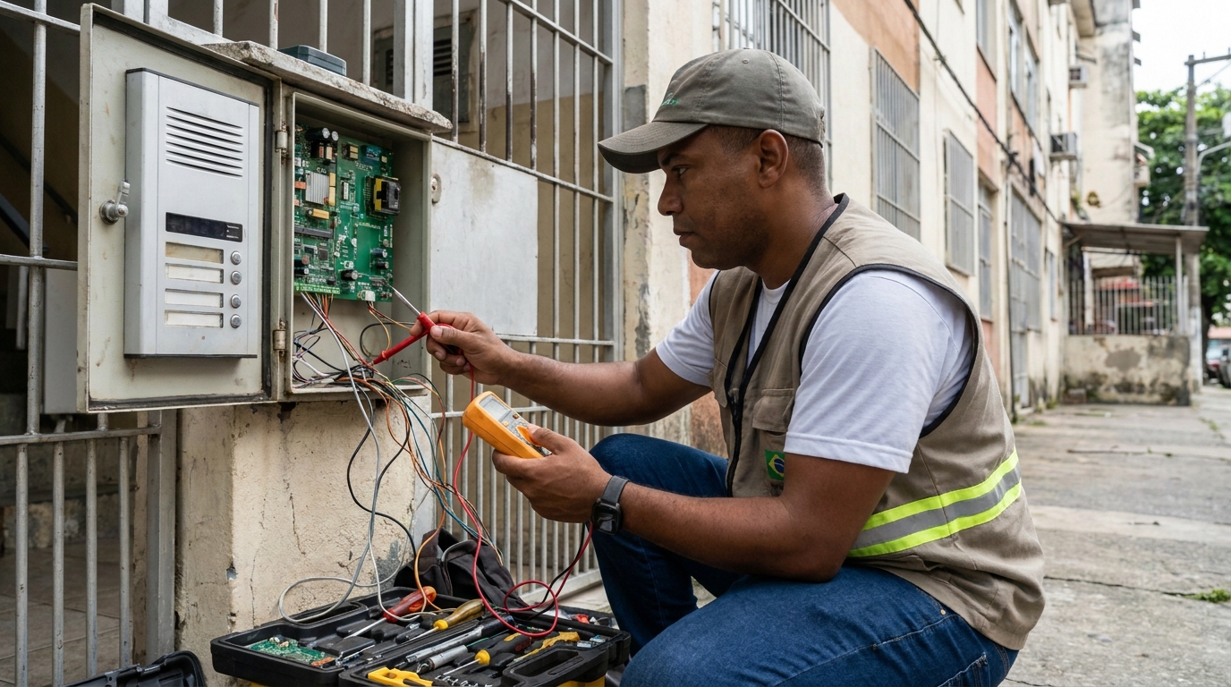 Eletricista consertando interfone em Canoas‑RS