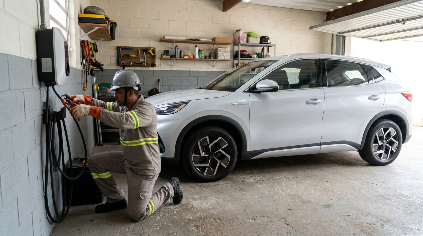 Eletricista instalando carregador de carro eletrico em Canoas‑RS