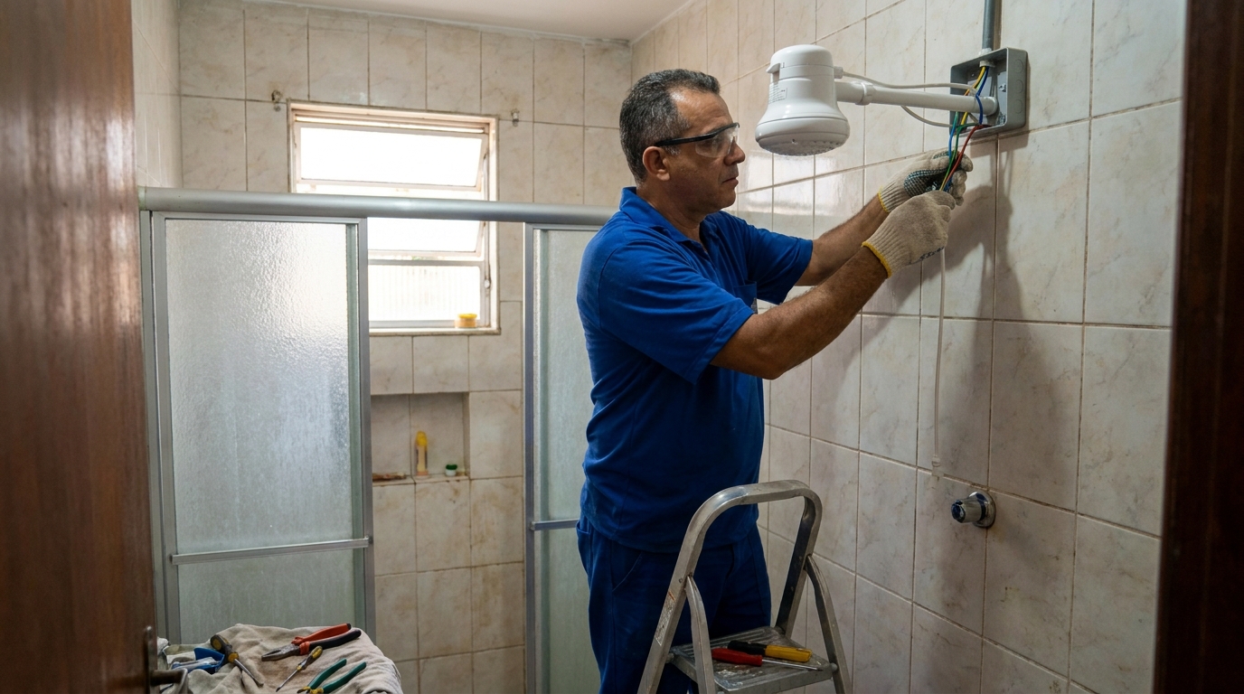 Eletricista instalando chuveiro eletrico em Canoas‑RS