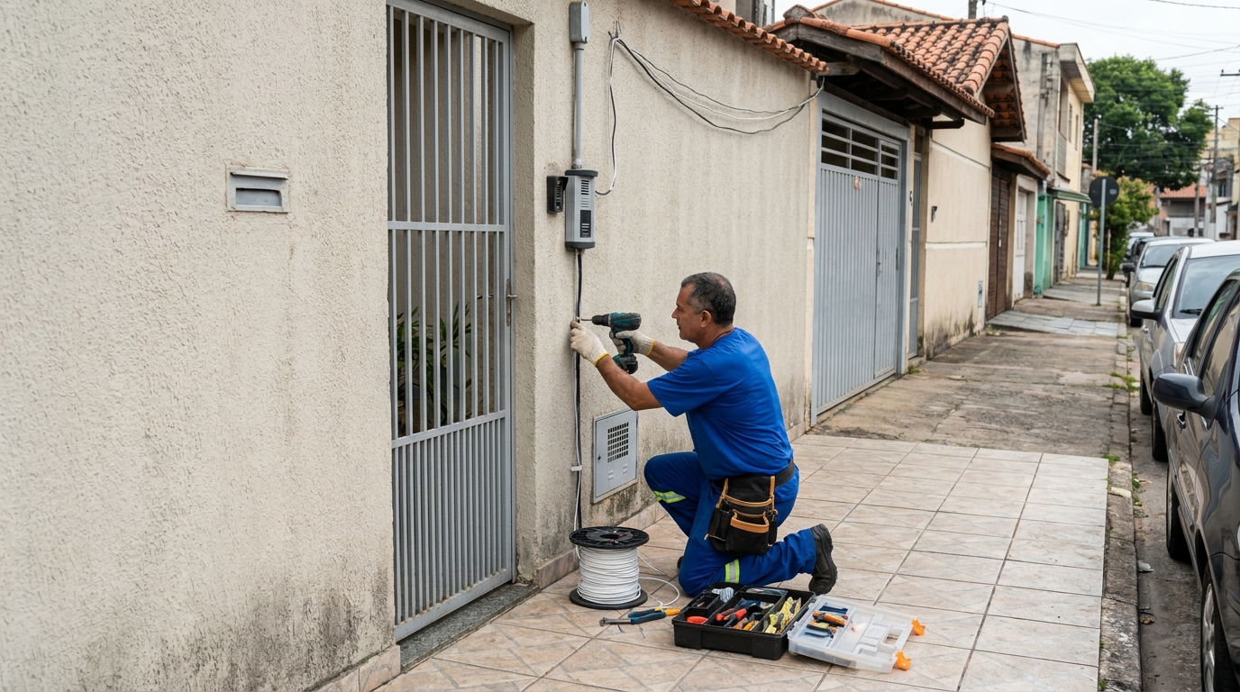 Eletricista instalando interfone em Canoas‑RS