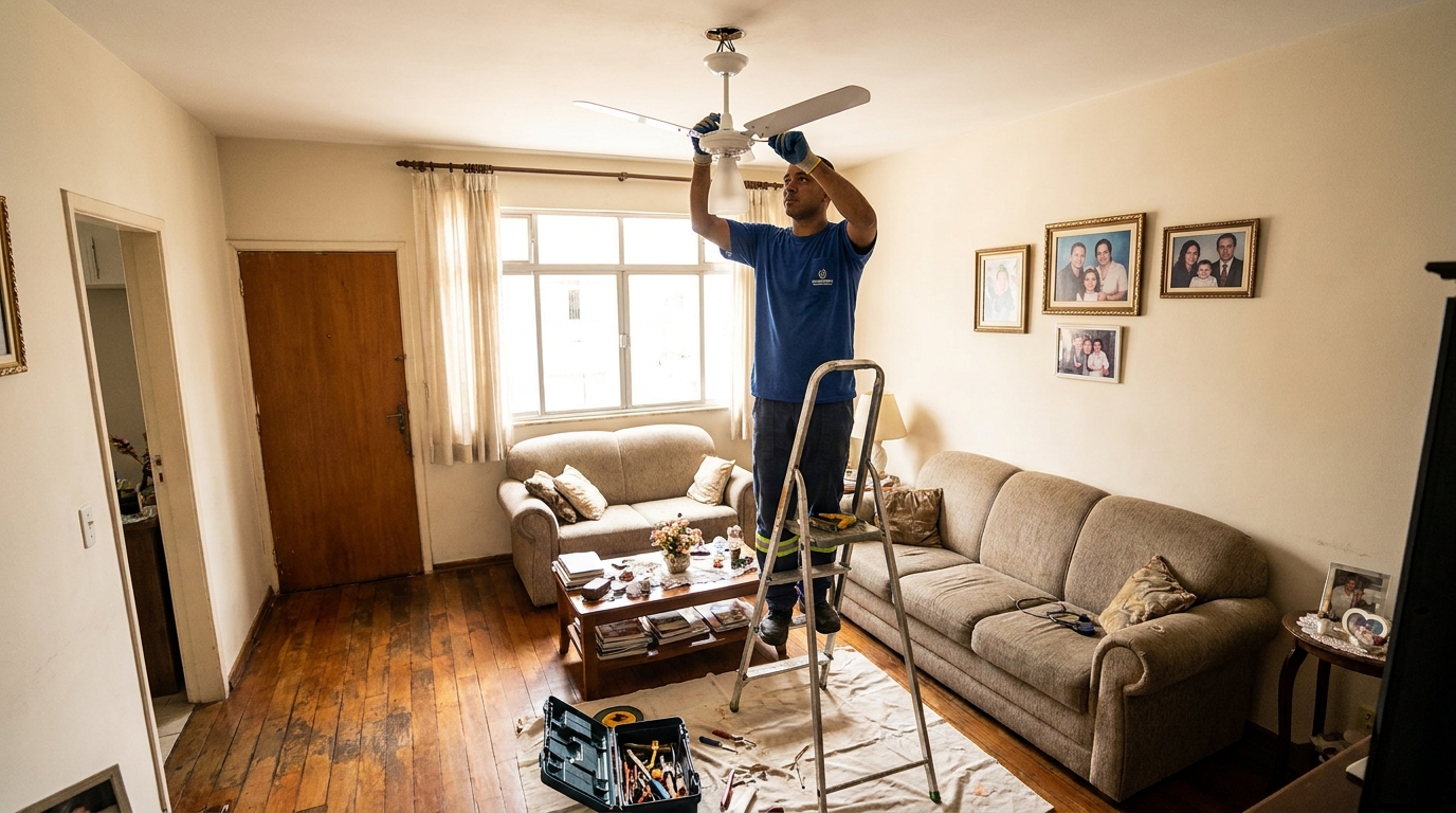 Eletricista instalando ventilador de teto em Canoas‑RS